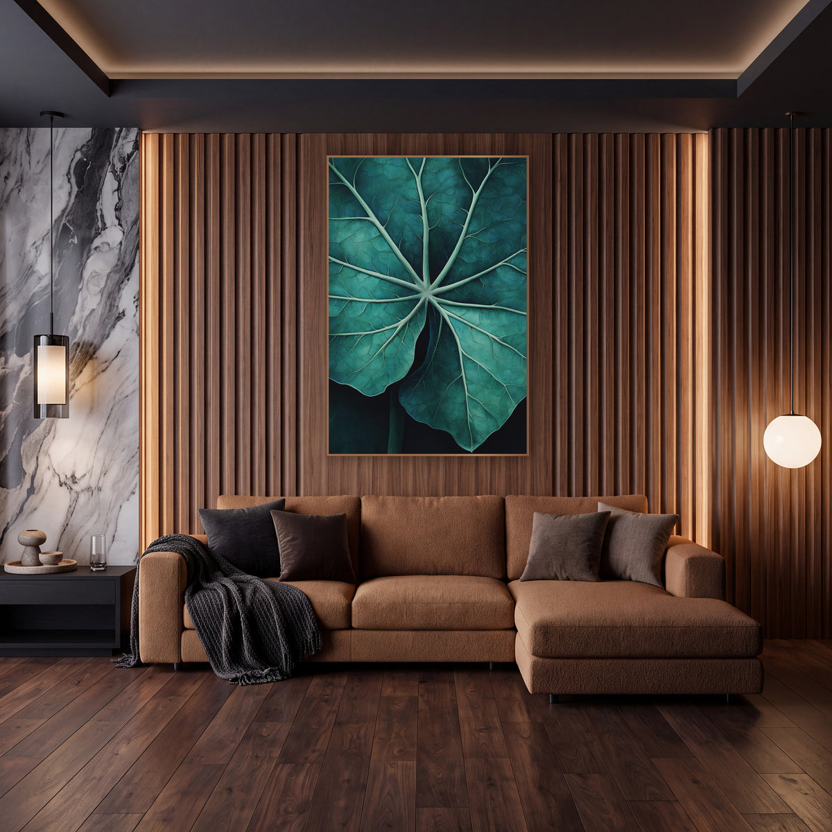 Radiating Teal Vein Leaf wall art in an elegant modern room – close view of a large deep teal leaf with pale mint