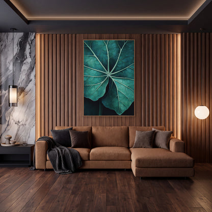 Radiating Teal Vein Leaf wall art in an elegant modern room – close view of a large deep teal leaf with pale mint