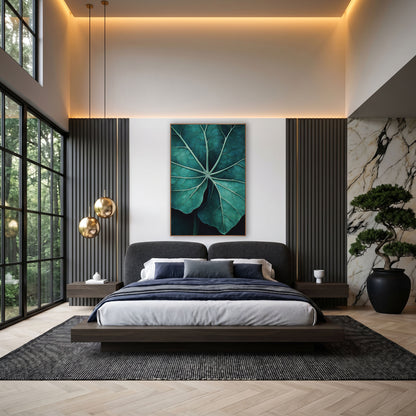 Radiating Teal Vein Leaf wall art in an elegant modern room – close view of a large deep teal leaf with pale mint