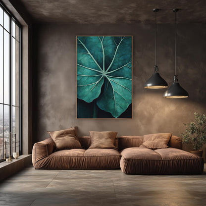 Radiating Teal Vein Leaf wall art in an elegant modern room – close view of a large deep teal leaf with pale mint
