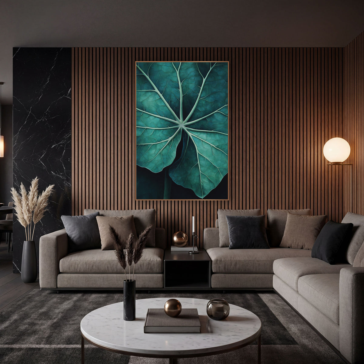Radiating Teal Vein Leaf wall art in an elegant modern room – close view of a large deep teal leaf with pale mint