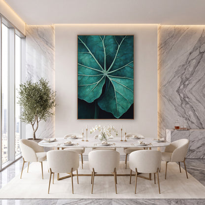 Radiating Teal Vein Leaf wall art in an elegant modern room – close view of a large deep teal leaf with pale mint