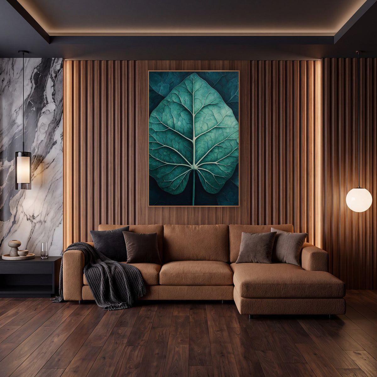 Teal Alocasia Leaf Moody Botanical wall art in an elegant modern room – large teal alocasia leaf with pale cream veins