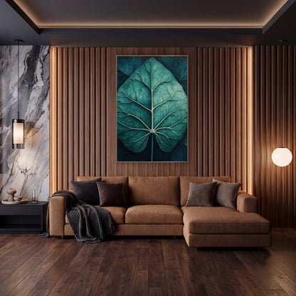 Teal Alocasia Leaf Moody Botanical wall art in an elegant modern room – large teal alocasia leaf with pale cream veins