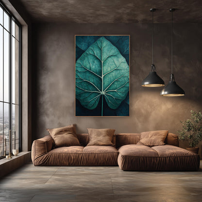 Teal Alocasia Leaf Moody Botanical wall art in an elegant modern room – large teal alocasia leaf with pale cream veins