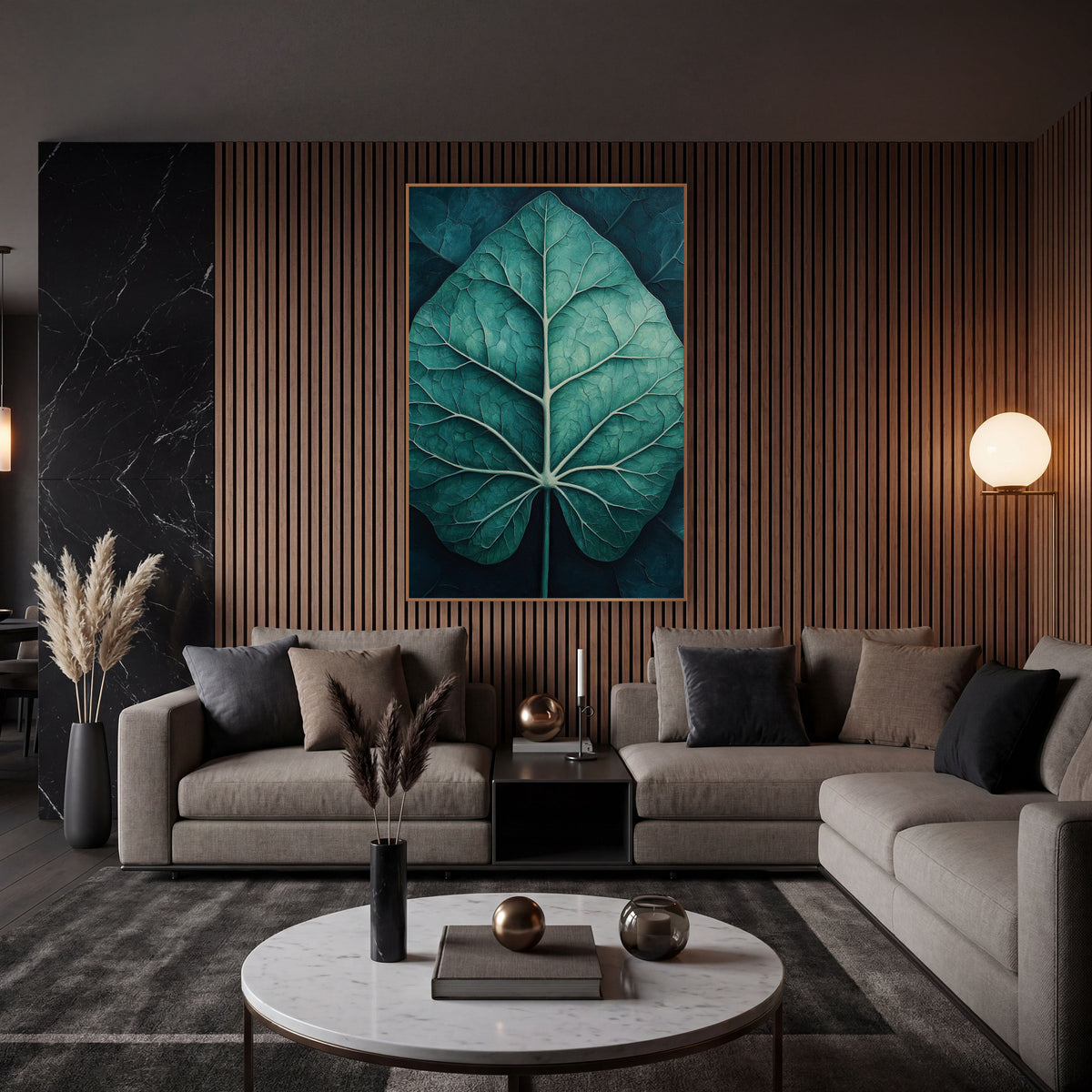 Teal Alocasia Leaf Moody Botanical wall art in an elegant modern room – large teal alocasia leaf with pale cream veins