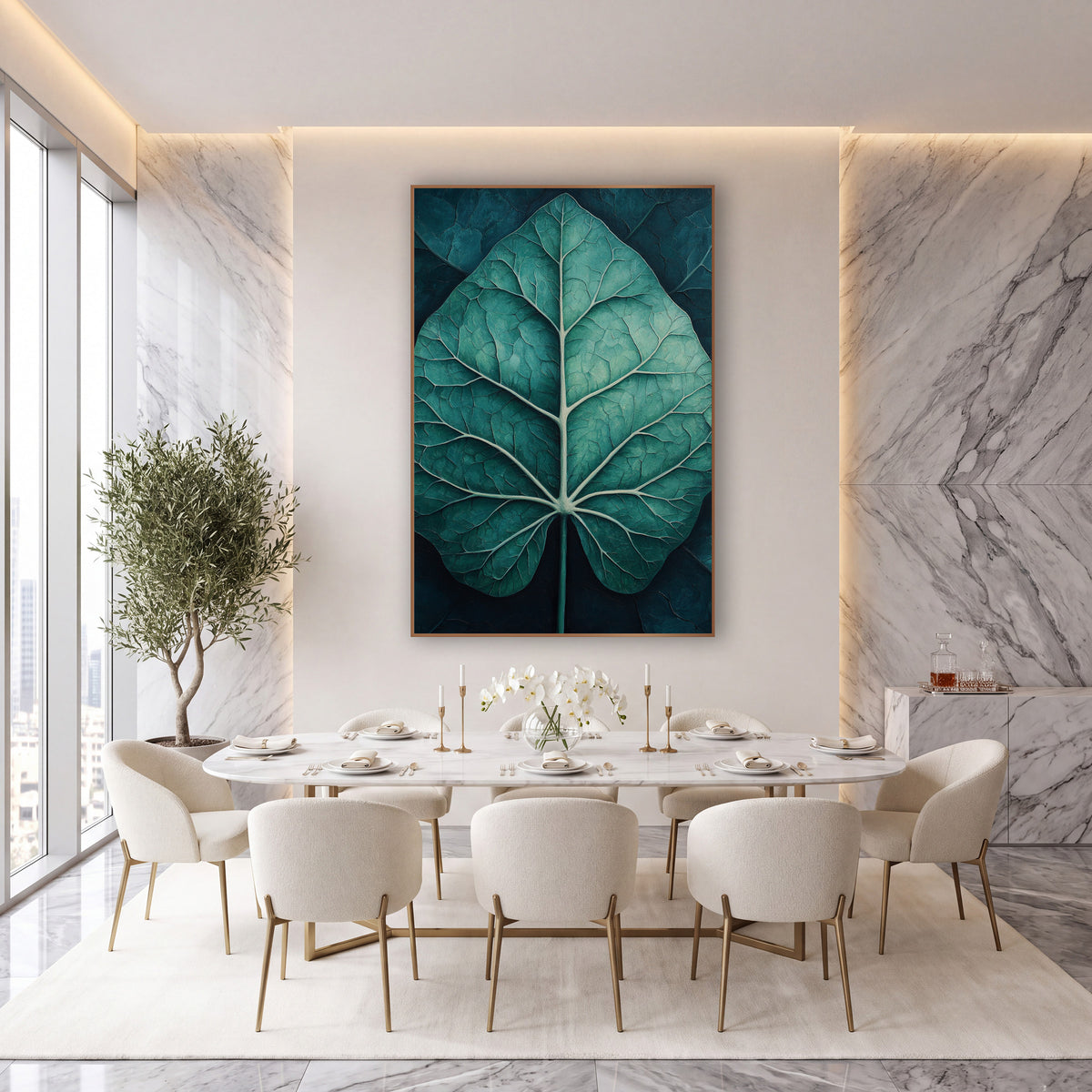 Teal Alocasia Leaf Moody Botanical wall art in an elegant modern room – large teal alocasia leaf with pale cream veins
