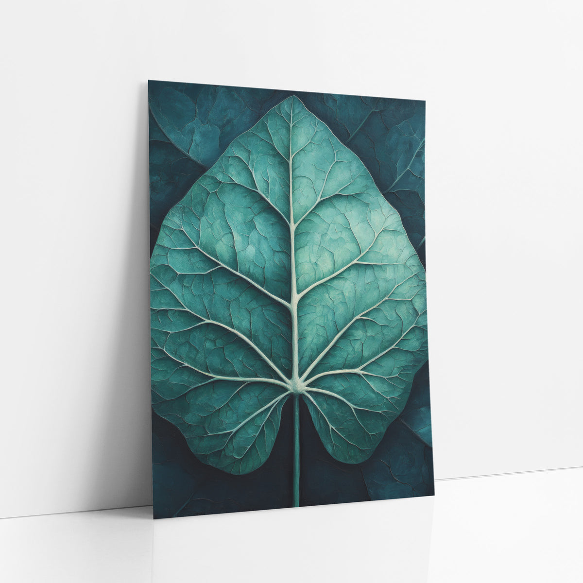 Teal Alocasia Leaf Moody Botanical art print leaning against a white wall – large teal alocasia leaf with pale cream veins