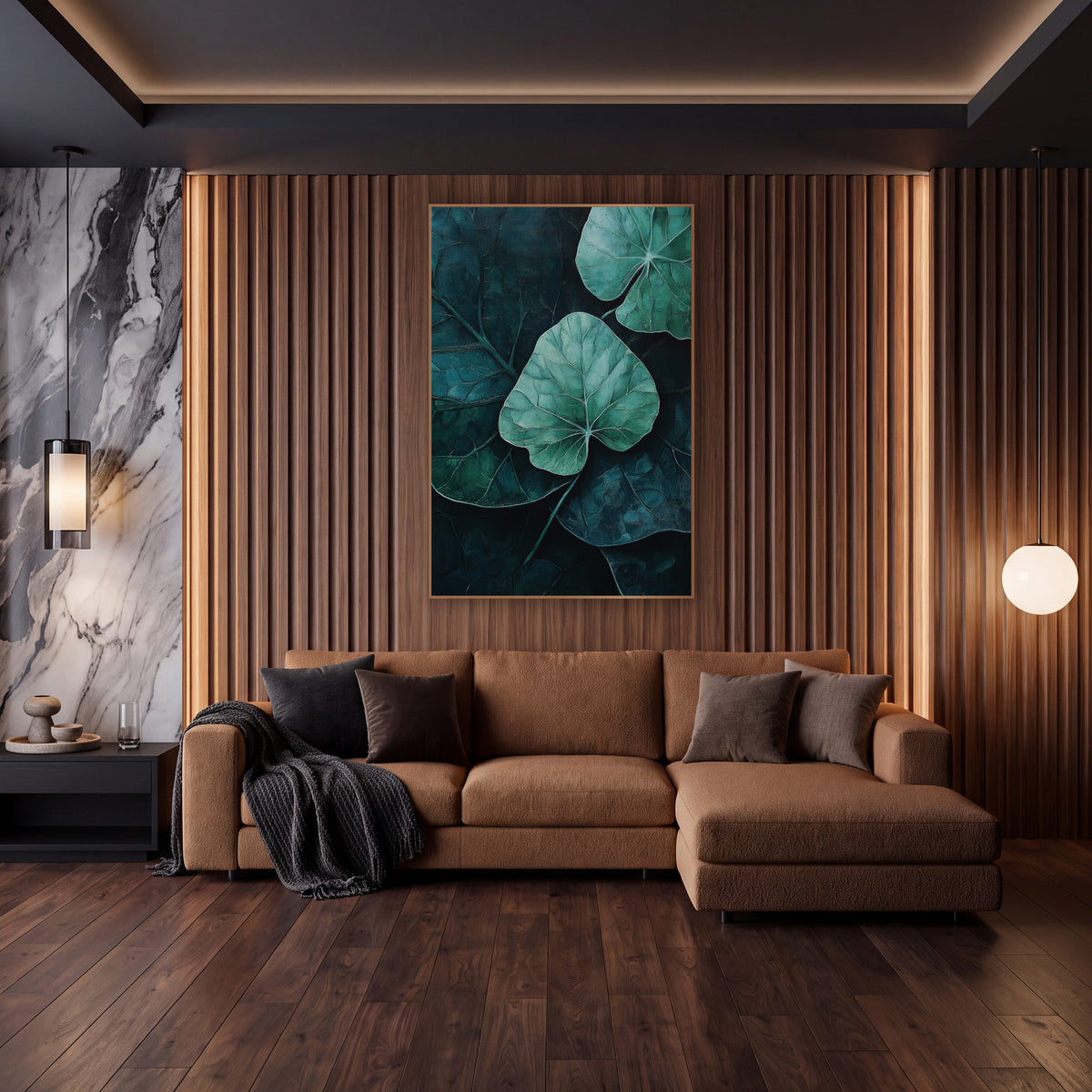 Moody Teal Leaf Botanical Decor wall art in an elegant modern room – mint green leaf with pale veins at center