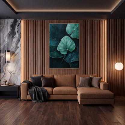 Moody Teal Leaf Botanical Decor wall art in an elegant modern room – mint green leaf with pale veins at center