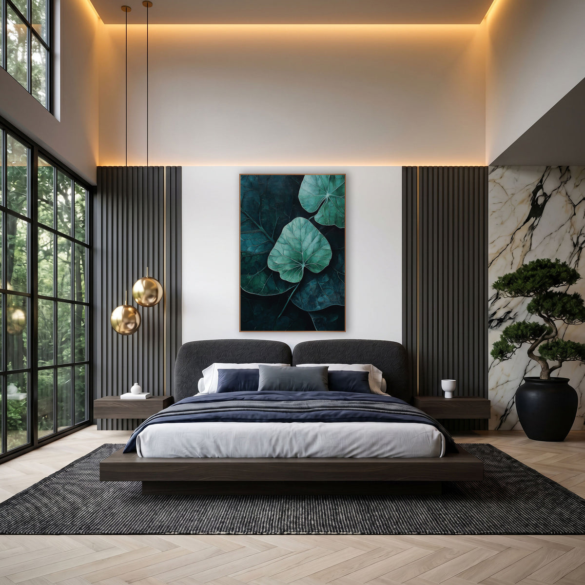 Moody Teal Leaf Botanical Decor wall art in an elegant modern room – mint green leaf with pale veins at center