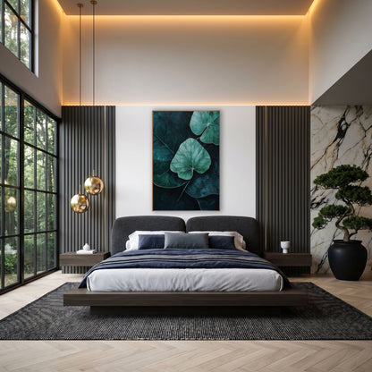 Moody Teal Leaf Botanical Decor wall art in an elegant modern room – mint green leaf with pale veins at center