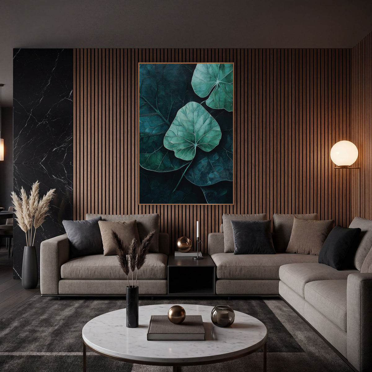 Moody Teal Leaf Botanical Decor wall art in an elegant modern room – mint green leaf with pale veins at center