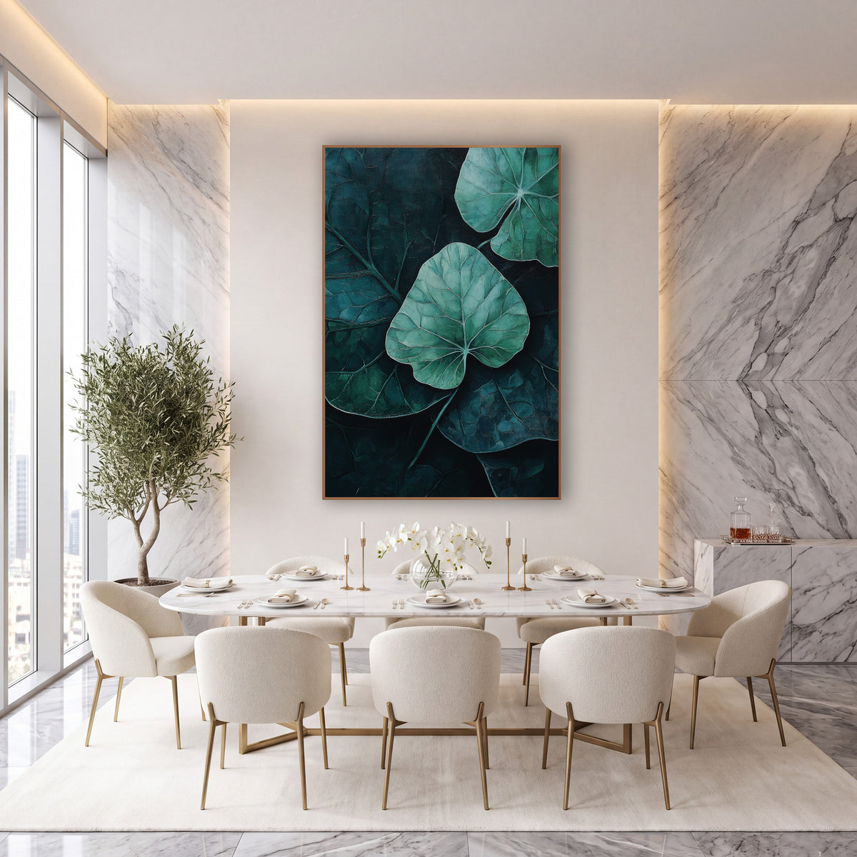 Moody Teal Leaf Botanical Decor wall art in an elegant modern room – mint green leaf with pale veins at center