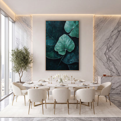 Moody Teal Leaf Botanical Decor wall art in an elegant modern room – mint green leaf with pale veins at center