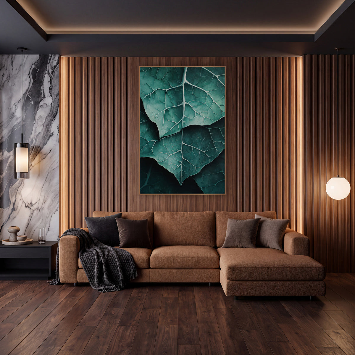 Overlapping Teal Leaves Macro wall art in an elegant modern room – close view of overlapping teal alocasia leaves