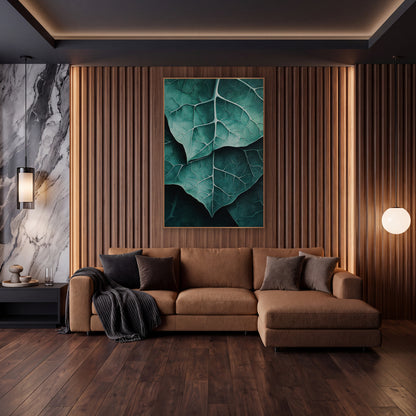 Overlapping Teal Leaves Macro wall art in an elegant modern room – close view of overlapping teal alocasia leaves
