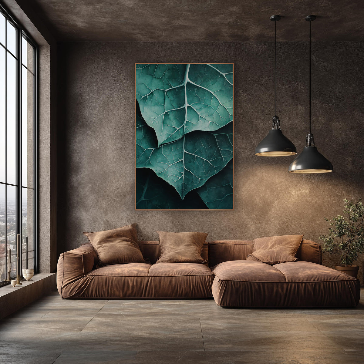 Overlapping Teal Leaves Macro wall art in an elegant modern room – close view of overlapping teal alocasia leaves