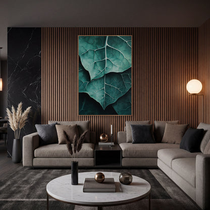 Overlapping Teal Leaves Macro wall art in an elegant modern room – close view of overlapping teal alocasia leaves