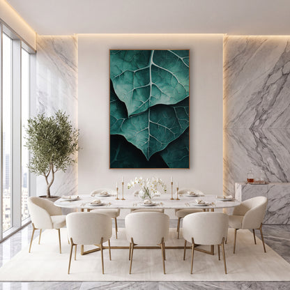 Overlapping Teal Leaves Macro wall art in an elegant modern room – close view of overlapping teal alocasia leaves