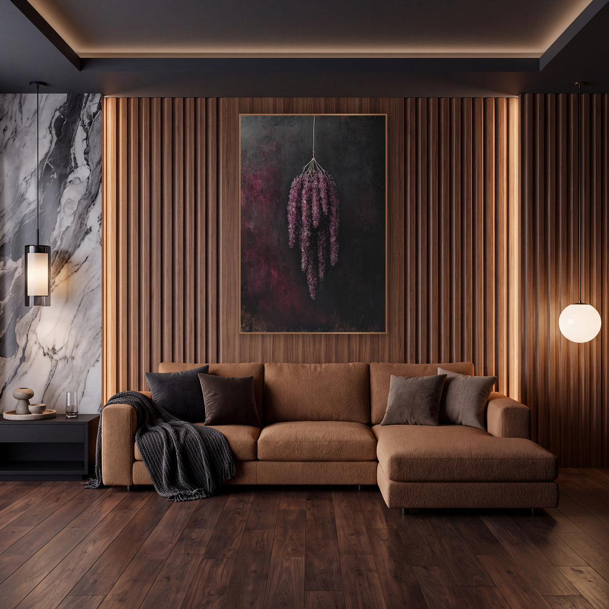 Plum Hanging Amaranthus Tassels Moody wall art in an elegant modern room – bunch of plum-purple amaranthus tassels