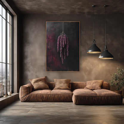 Plum Hanging Amaranthus Tassels Moody wall art in an elegant modern room – bunch of plum-purple amaranthus tassels