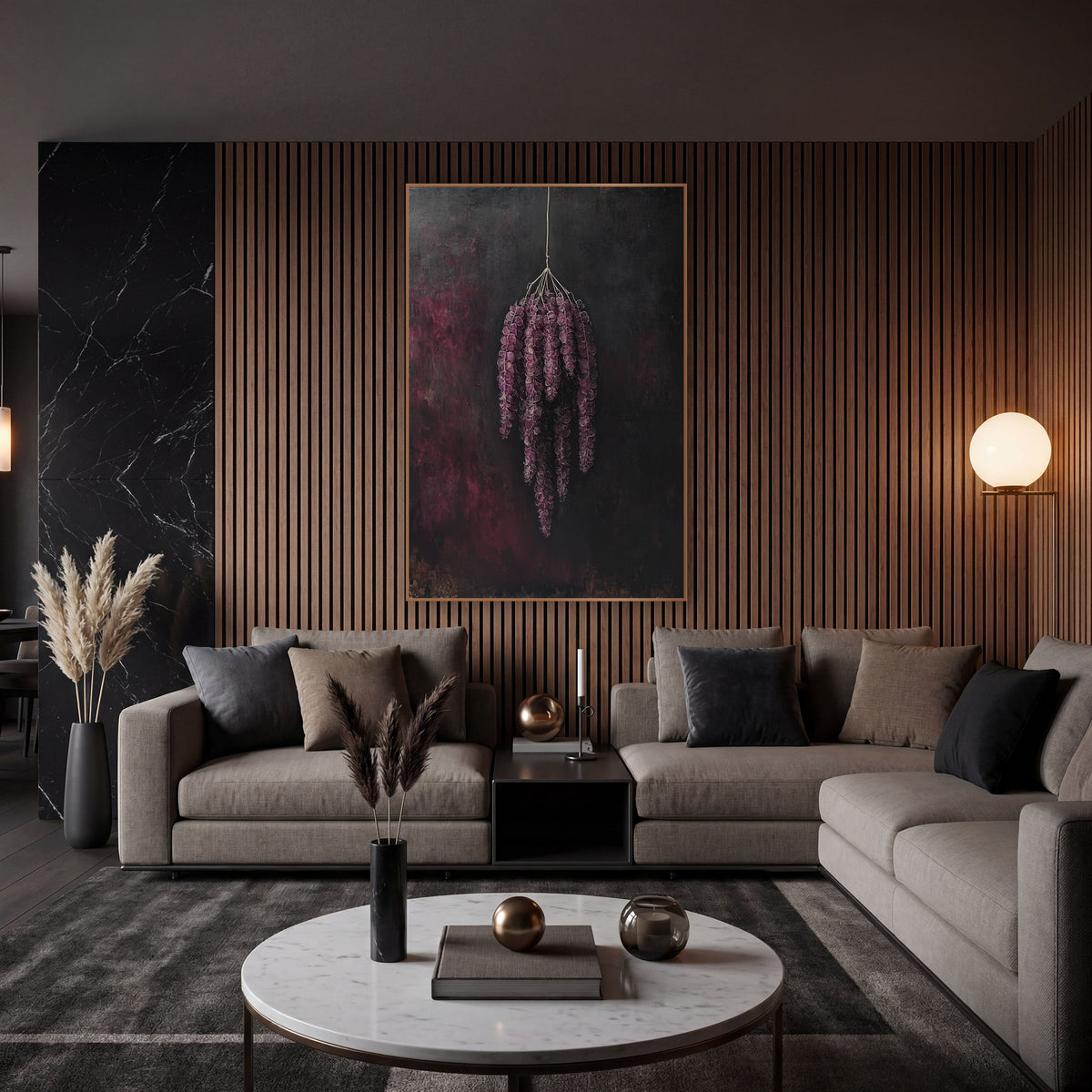 Plum Hanging Amaranthus Tassels Moody wall art in an elegant modern room – bunch of plum-purple amaranthus tassels