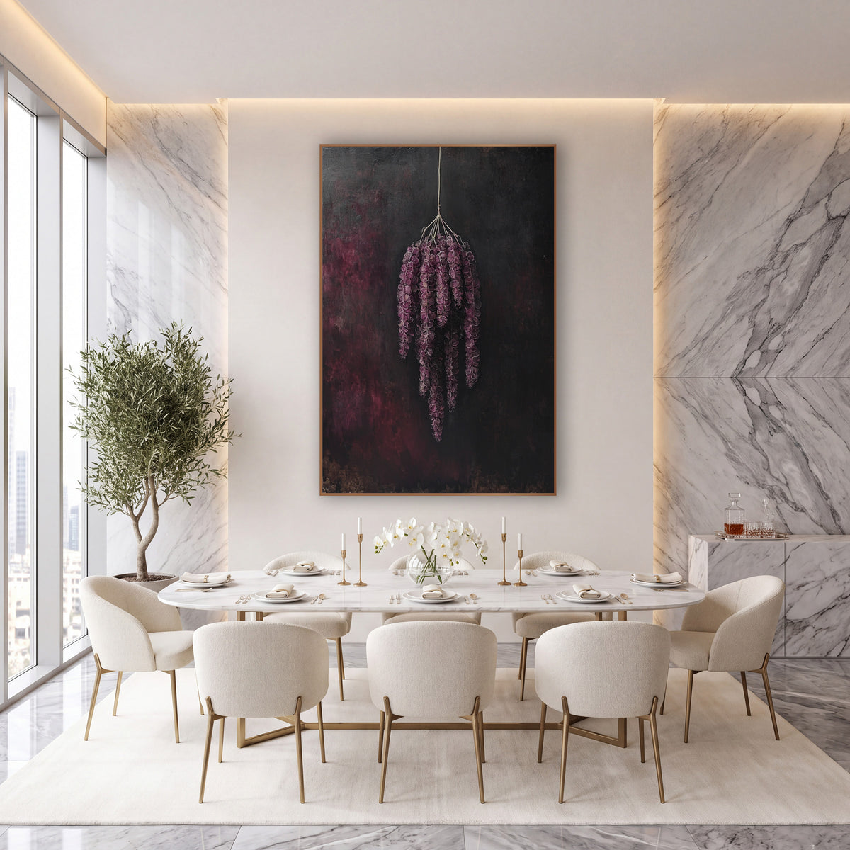 Plum Hanging Amaranthus Tassels Moody wall art in an elegant modern room – bunch of plum-purple amaranthus tassels