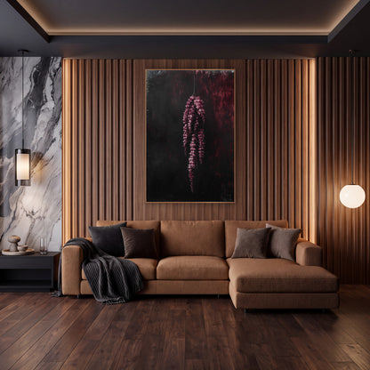 Crimson Hanging Tassels Moody Botanical wall art in an elegant modern room – hanging cluster of crimson-pink flower