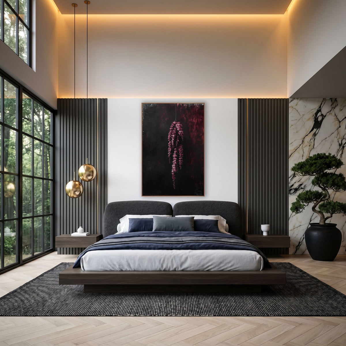 Crimson Hanging Tassels Moody Botanical wall art in an elegant modern room – hanging cluster of crimson-pink flower