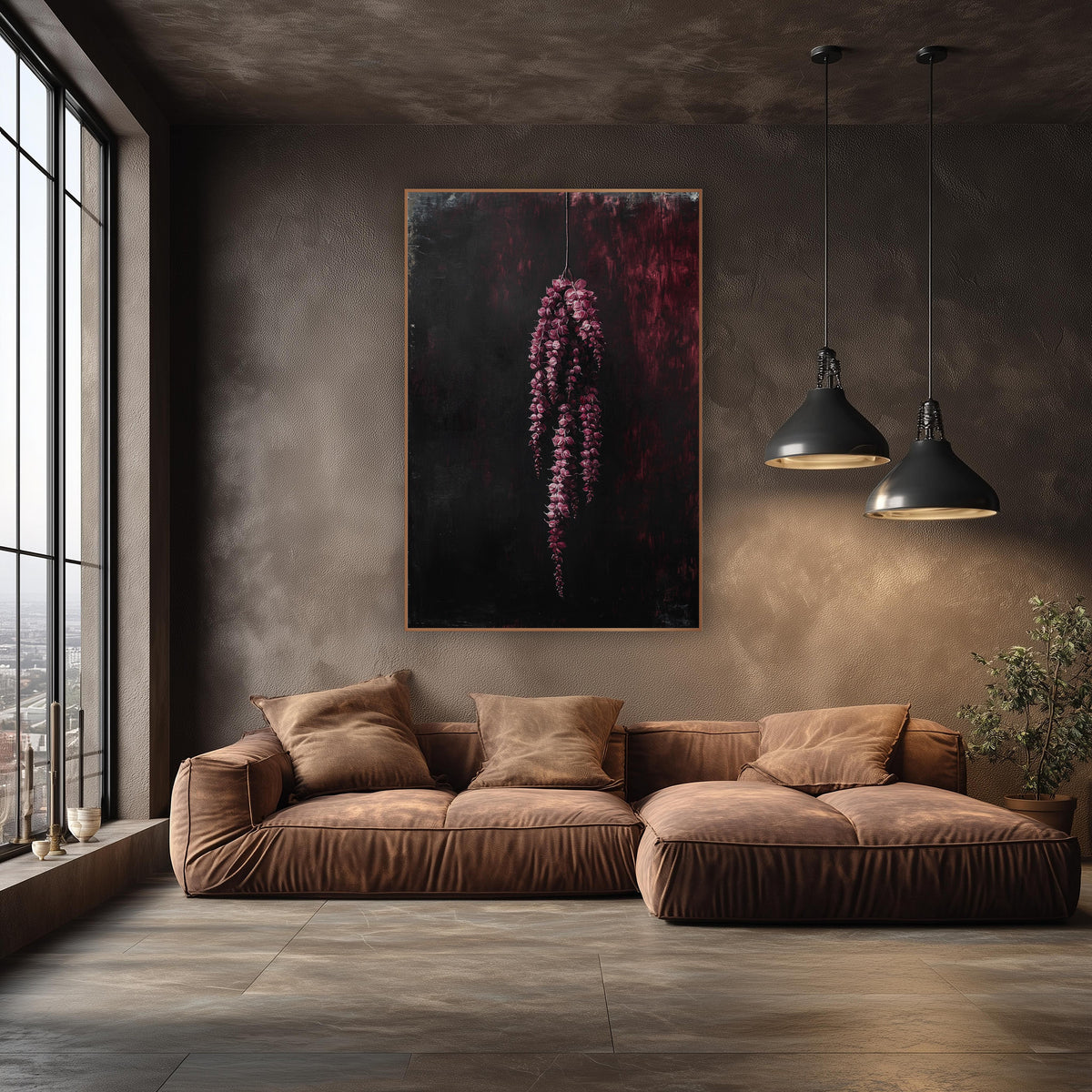 Crimson Hanging Tassels Moody Botanical wall art in an elegant modern room – hanging cluster of crimson-pink flower