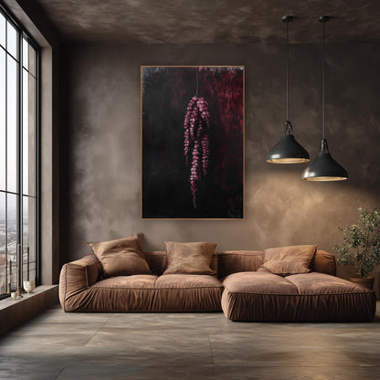 Crimson Hanging Tassels Moody Botanical wall art in an elegant modern room – hanging cluster of crimson-pink flower