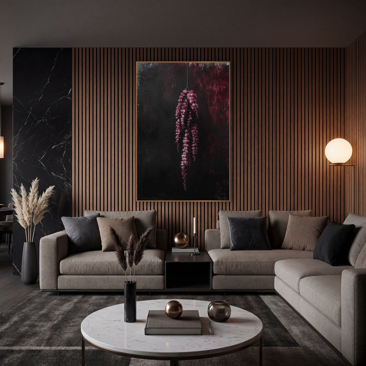 Crimson Hanging Tassels Moody Botanical wall art in an elegant modern room – hanging cluster of crimson-pink flower