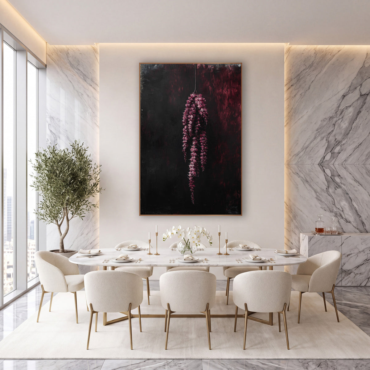 Crimson Hanging Tassels Moody Botanical wall art in an elegant modern room – hanging cluster of crimson-pink flower