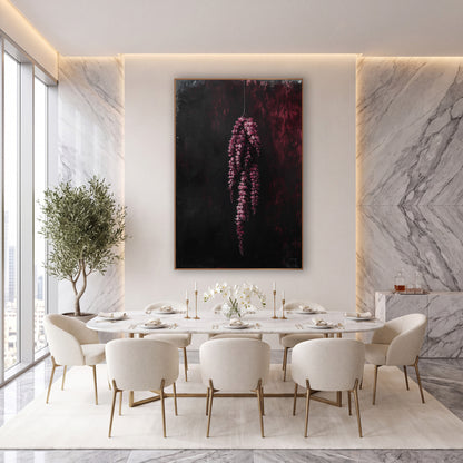 Crimson Hanging Tassels Moody Botanical wall art in an elegant modern room – hanging cluster of crimson-pink flower