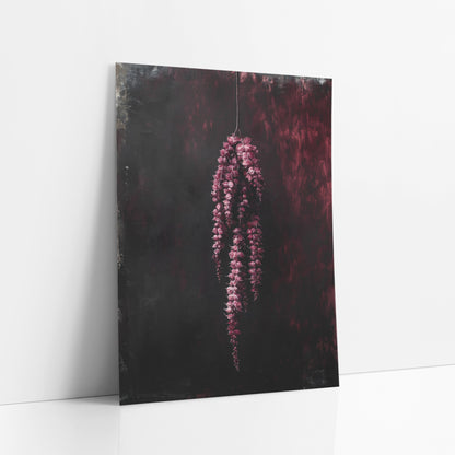Crimson Hanging Tassels Moody Botanical art print leaning against a white wall – hanging cluster of crimson-pink flower