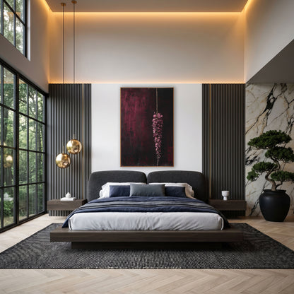 Hanging Burgundy Tassel Moody Botanical wall art in an elegant modern room – hanging tassel of plum-pink flowers