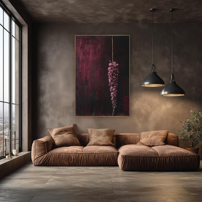 Hanging Burgundy Tassel Moody Botanical wall art in an elegant modern room – hanging tassel of plum-pink flowers