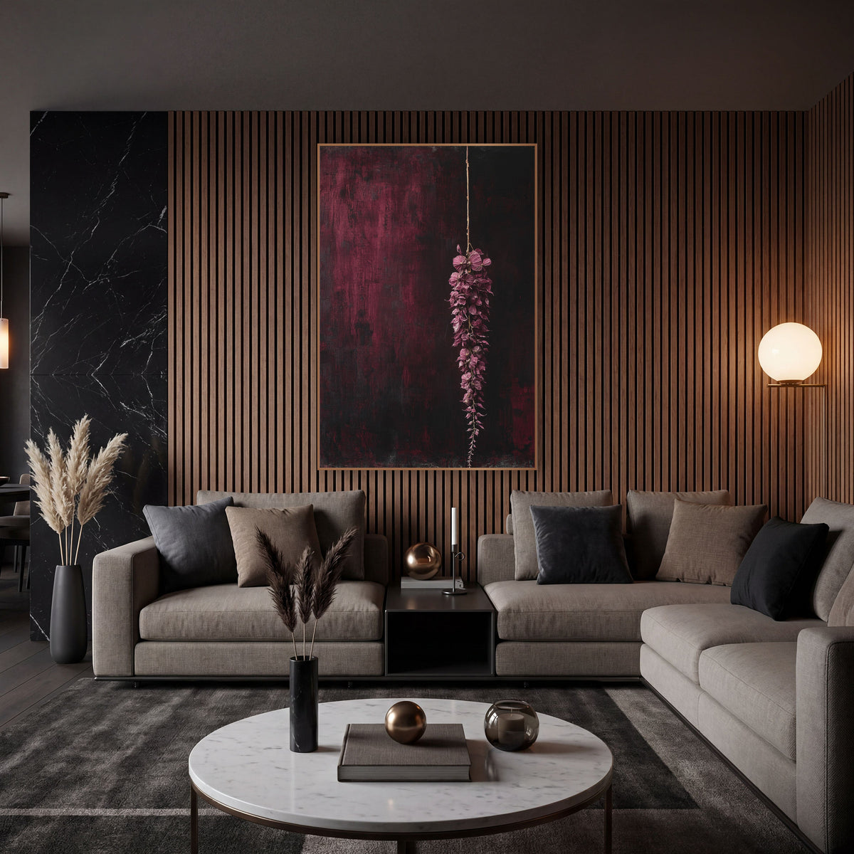 Hanging Burgundy Tassel Moody Botanical wall art in an elegant modern room – hanging tassel of plum-pink flowers