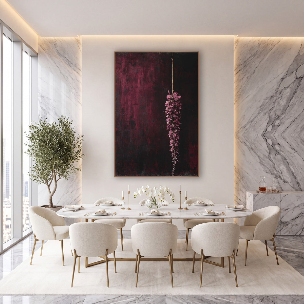 Hanging Burgundy Tassel Moody Botanical wall art in an elegant modern room – hanging tassel of plum-pink flowers
