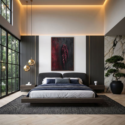 Crimson Hanging Amaranthus Tassels Moody Botanical wall art in an elegant modern room – hanging burgundy amaranthus