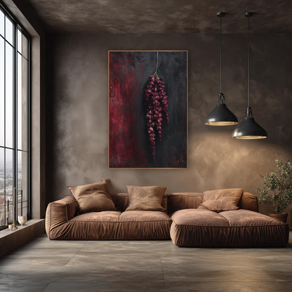 Crimson Hanging Amaranthus Tassels Moody Botanical wall art in an elegant modern room – hanging burgundy amaranthus