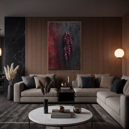 Crimson Hanging Amaranthus Tassels Moody Botanical wall art in an elegant modern room – hanging burgundy amaranthus