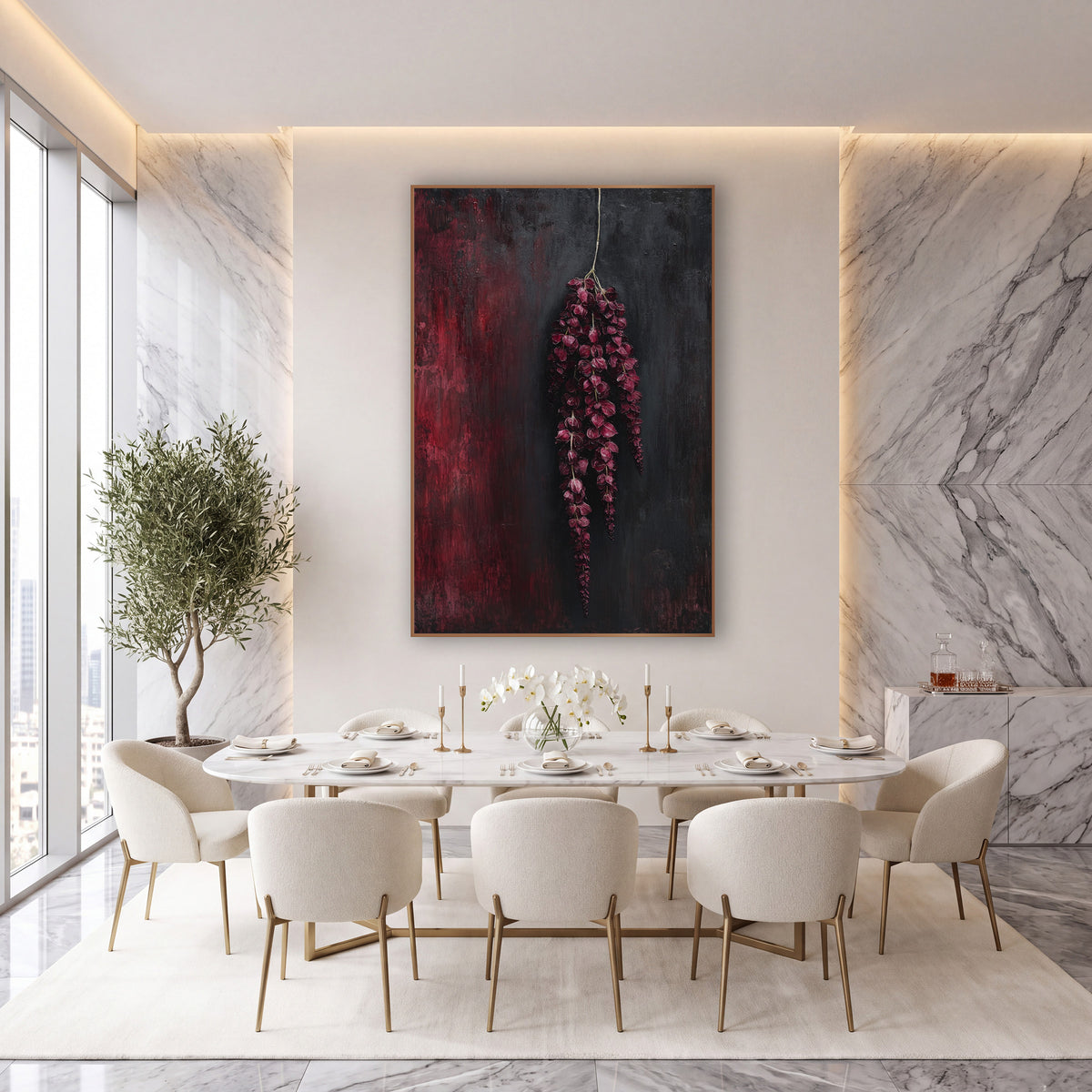 Crimson Hanging Amaranthus Tassels Moody Botanical wall art in an elegant modern room – hanging burgundy amaranthus