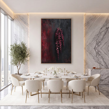 Crimson Hanging Amaranthus Tassels Moody Botanical wall art in an elegant modern room – hanging burgundy amaranthus