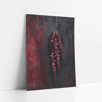 Crimson Hanging Amaranthus Tassels Moody Botanical art print leaning against a white wall – hanging burgundy amaranthus