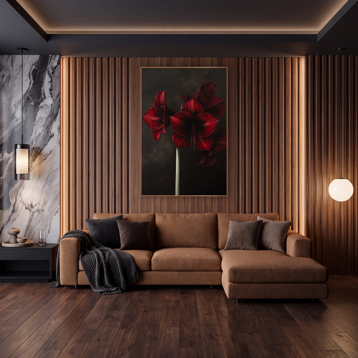 Garnet Amaryllis Bloom Moody Botanical wall art in an elegant modern room – three deep red amaryllis flowers