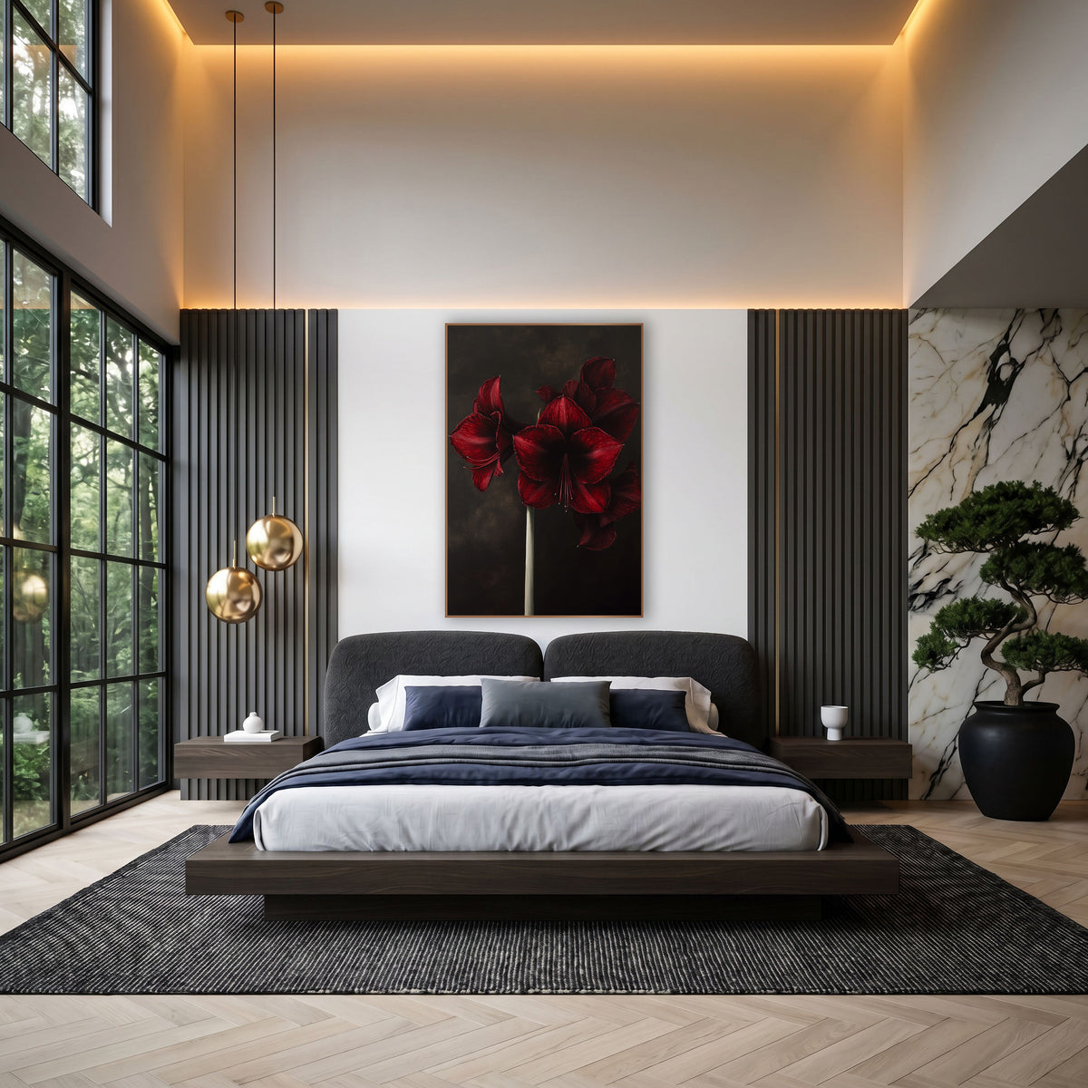 Garnet Amaryllis Bloom Moody Botanical wall art in an elegant modern room – three deep red amaryllis flowers