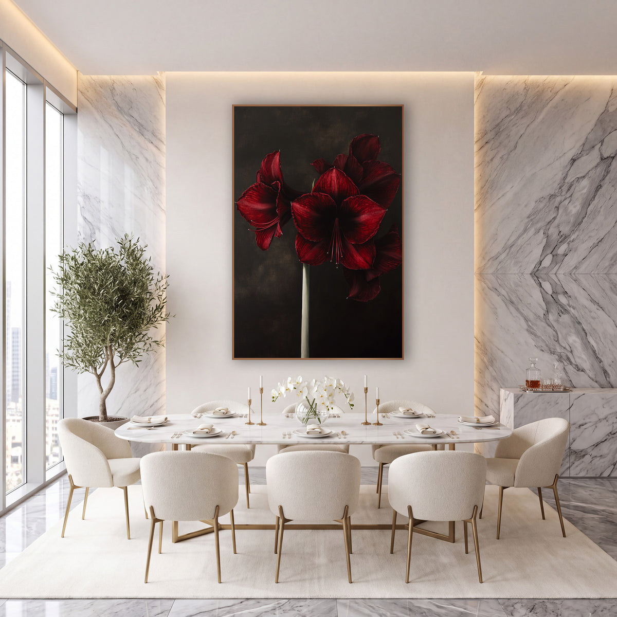 Garnet Amaryllis Bloom Moody Botanical wall art in an elegant modern room – three deep red amaryllis flowers