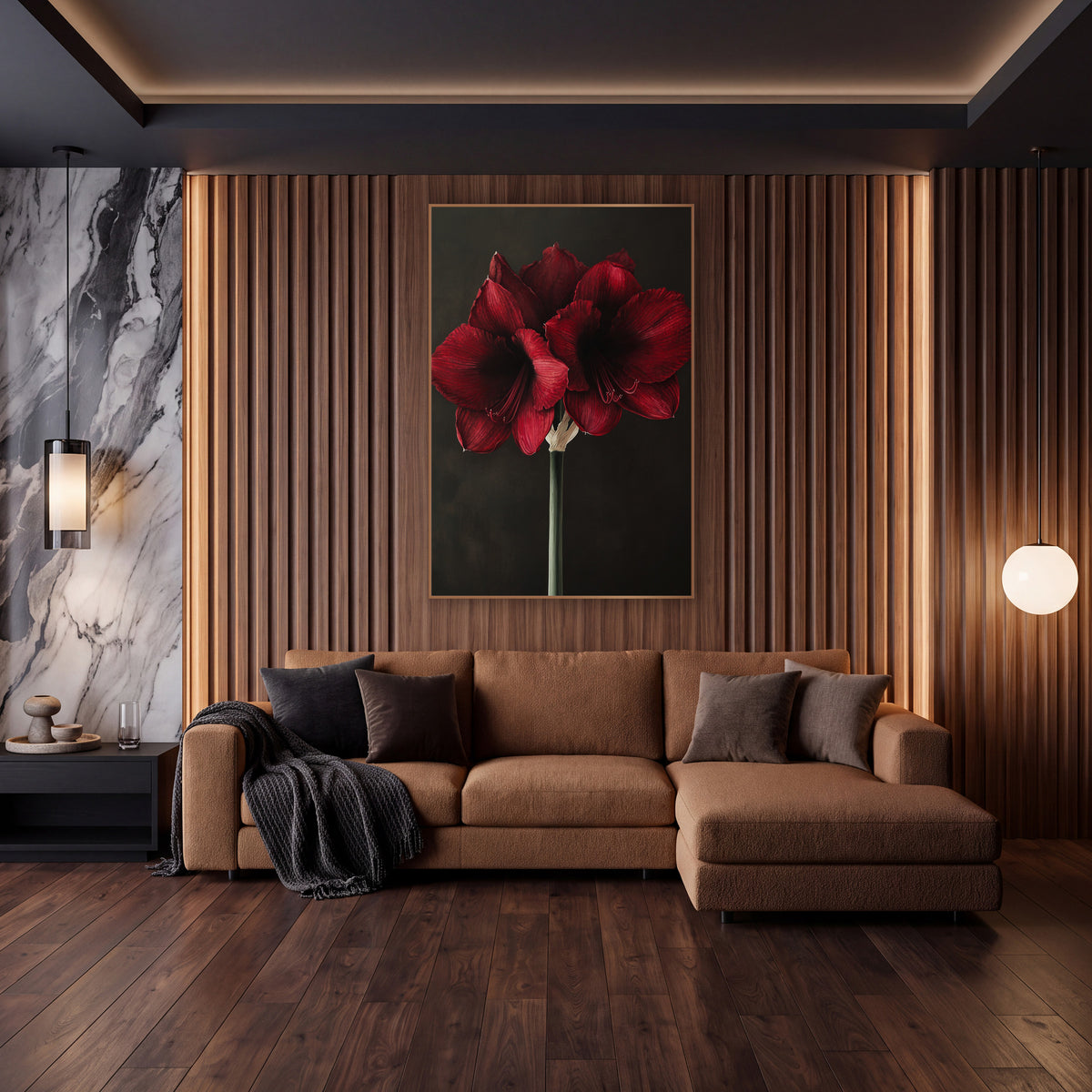 Charcoal Backdrop Amaryllis Stem Botanical wall art in an elegant modern room – garnet red amaryllis blooms with dark